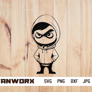 Puede incluir: Ilustración de dibujos animados en blanco y negro de un personaje con una sudadera con capucha y una expresión de enfado. El personaje lleva una máscara y está de pie con las manos en los bolsillos. El texto "IVANWORX" y las abreviaturas de tipo de archivo están en la parte inferior.