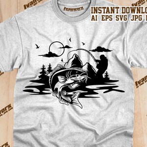 May include: Black and white silhouette design of a fisherman reeling in a large fish. The scene includes a mountain, trees, and a moon in the background.