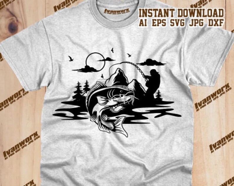 May include: Black and white silhouette design of a fisherman reeling in a large fish. The scene includes a mountain, trees, and a moon in the background.