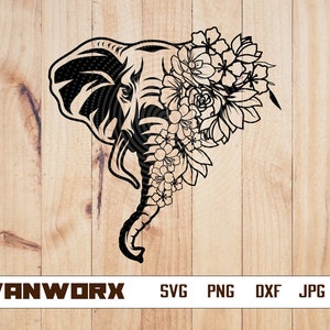 May include: A black and white silhouette of an elephant's head with flowers covering the right side of the head.