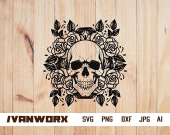 Calavera floral svg, Calavera con silueta de flores, Imágenes prediseñadas de calavera, Esqueleto svg, Imágenes prediseñadas de esqueleto floral, Diseño de camiseta de calavera, Calavera dxf