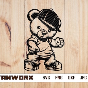 Swag Teddy Svg | Hipster Teddy Clipart | Gangster Bear Cut File | Hip Hop Lover Stencil | Stylish Bear Tshirt Design | Cool Bear Dxf | Png