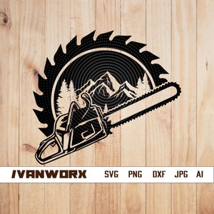 May include: Black and white silhouette of a chainsaw with a saw blade in the background. The saw blade has a circular design with a mountain and forest scene inside.