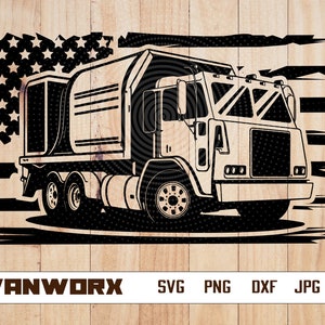 US Müllwagen SVG | Abfallsammler Clipart | LKW-Operator Cut File | Trash Truck Schablone | Abfallentsorgung T-Shirt Design | Dxf | Png