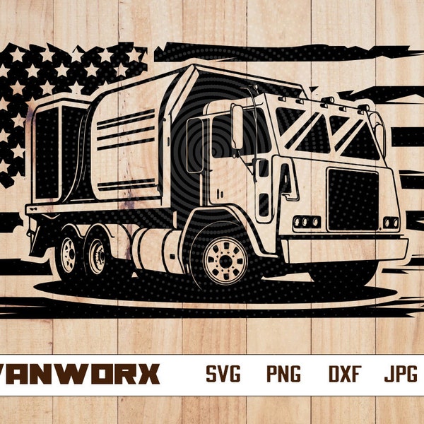 US Garbage Truck Svg | Waste Collector Clipart | Truck Operator Cut File | Trash Truck Stencil | Waste Disposal T-shirt Design | Dxf | Png