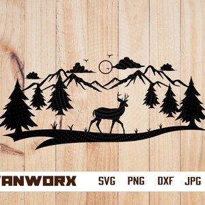 Hirsch Berge Szene svg | Outdoor-Szene svg | Hirsch Familie svg | Wald Hirsch svg | Landschaft svg | Natur Szene Clipart | Datei: Png, Dxf, Eps