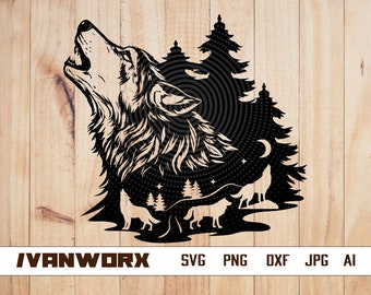 Howling Wolf svg | Outdoor clipart | Wolf Scene png | Camping Scene dxf | Camper Cutfile | Forest Wild Life Stencil | Wolves Pack jpeg