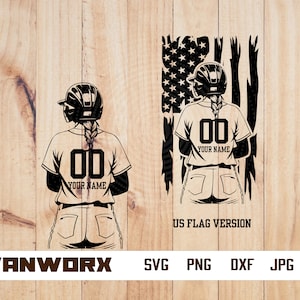 May include: Black and white silhouette of a softball player wearing a helmet and jersey with the number "00" and the text "YOUR NAME". The player is standing in front of a US flag.