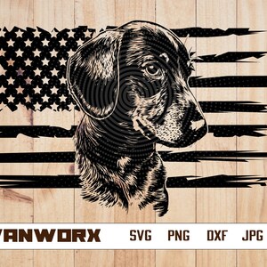 May include: Black and white illustration of a dachshund dog's head with a distressed American flag behind it.