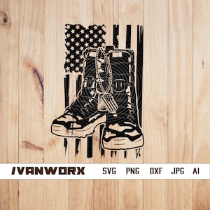 US Combat boots svg, military gear clipart, soldier shoes stencil, veteran dad gift idea, Boots with Dog tag shirt design, us army cut file,