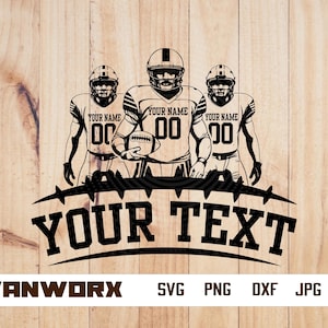 May include: Black and white silhouette of three football players wearing jerseys with the text "YOUR NAME" on them. The players are holding a football and standing in front of a barbed wire banner with the text "YOUR TEXT".