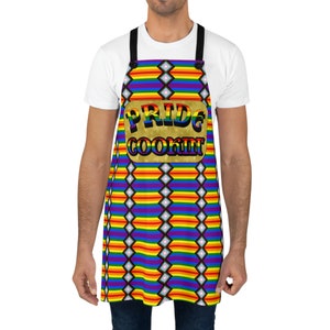 May include: A rainbow striped apron with a gold rectangle that says "PRIDE COOKIN".