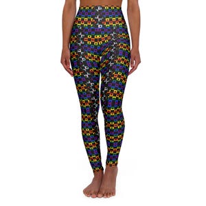 May include: High-waisted leggings with a vibrant, geometric pattern. The design features a repeating square motif in a spectrum of colors, including red, yellow, green, blue, and purple, set against a black background. The leggings are form-fitting.