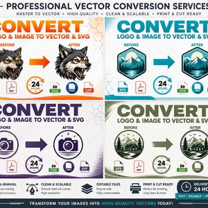 Può includere: Un annuncio grafico per servizi professionali di conversione vettoriale con quattro pannelli che mostrano esempi prima e dopo di un lupo, un paesaggio montano, un'icona di fotocamera e una baita, con icone di formato file EPS, PDF, SVG, PNG e DXF.