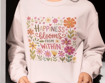 Happiness Blooms from Within PNG: Positive Boho Floral Quote (Inspirational, Kindness, Sublimation T-Shirt Design)