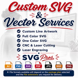 Könnte beinhalten: Werbung für benutzerdefinierte SVG- und Vektordienste. Der Text enthält "Custom SVG & Vector Services" in Rot und Blau sowie eine Liste von Diensten wie "Custom Line Artwork" und "CNC & Laser Cutting". Dateiformatsymbole werden ebenfalls angezeigt.