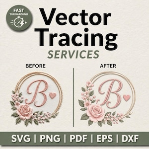 Könnte beinhalten: Eine Grafik für Vektorisierungsdienste mit einem Vorher-Nachher-Vergleich eines Buchstaben-B-Monogramms. Das Design zeigt ein rosa B, ein kleines Herz und einen Blumenkranz mit rosa Rosen und grünen Blättern in einem kreisförmigen Rahmen.