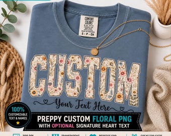 Custom Name PNG, Personalized Floral Wildflower Varsity Letter with Signature Heart Text