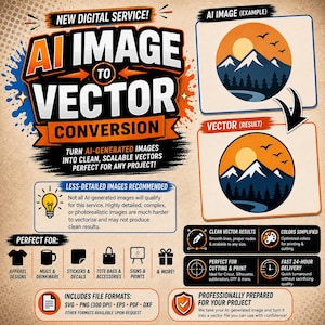 May include: A digital service advertisement for AI image to vector conversion. The graphic features bold text, a mountain landscape example, and icons representing apparel, mugs, stickers, and tote bags. It lists file formats like SVG, PNG, and EPS.
