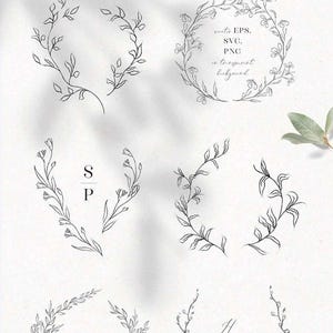 May include: Floral Graphics decorative wreaths. The image displays several delicate, hand-drawn floral wreath designs in black ink. Some wreaths are circular, others are crescent-shaped, and some include text. The designs are suitable for various creative projects.
