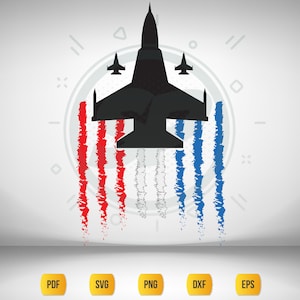 Könnte beinhalten: Illustration eines schwarzen Jets mit roten, weißen und blauen Dampfspuren. Das Design enthält den Text "Print & Cut-ready" auf einem gelben Banner. Unter dem Bild befinden sich Dateiformatsymbole: PDF, SVG, PNG, DXF und EPS.