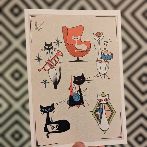 Jazz Kitties / A5 print / mid century modern / kitsch / cat art