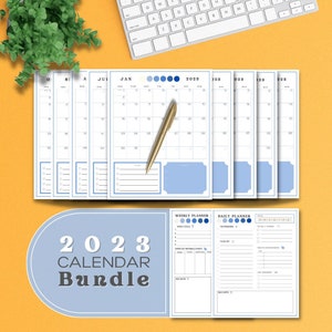 May include: A 2023 calendar bundle with monthly calendar pages, a weekly planner, and a daily planner. The calendar pages are in blue and white with the months of January, June, July, August, and October. The weekly and daily planners are in blue and white with sections for important meetings, to-do lists, and appointments.