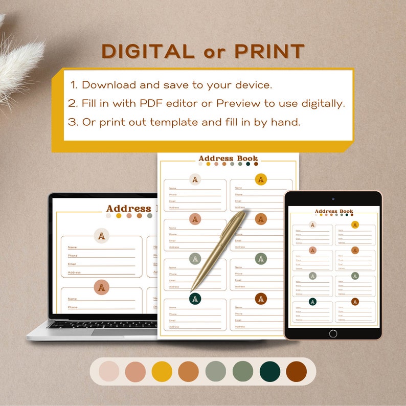 Address Book, Printable Contact List, Digital Address Book, Boho Address Book, Jewel Toned