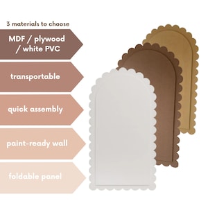 Op de afbeelding: Drie wandpanelen in wit, bruin en beige, met een geschulpte rand. De afbeelding bevat de tekst "3 materialen om uit te kiezen", "MDF / multiplex / wit PVC", "transportabel", "snelle montage", "schilderklare muur" en "opvouwbaar paneel".