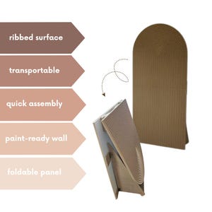 Può includere: Un pannello murale scanalato beige con una parte superiore arrotondata, mostrato parzialmente piegato. L'immagine include etichette di testo: "superficie a coste", "trasportabile", "montaggio rapido", "parete pronta per la verniciatura" e "pannello pieghevole".