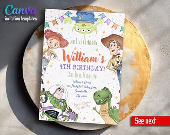 May include: A colorful invitation card for a 4th birthday party featuring cartoon characters from the Toy Story movie franchise. The card has a white background with colorful confetti and a banner that says "Join Us To Celebrate William's 4th Birthday!" The characters include Woody, Buzz Lightyear, Rex, and the alien. The card also includes the date, time, and location of the party.