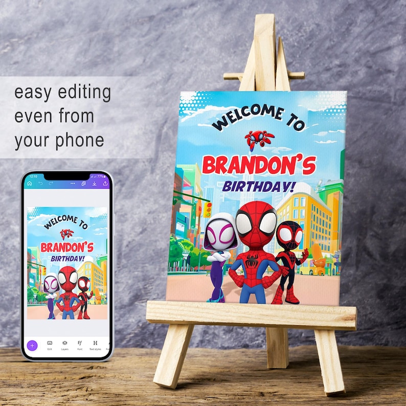 spidey friends Printable Welcome Sign template, Birthday superhero Party Welcome in Poster, spiderman Boy super hero party decoration image 2