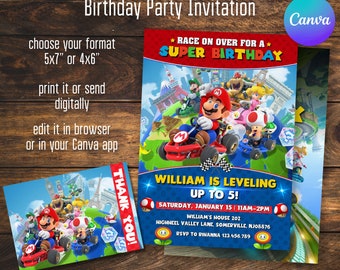 Invitación de Mario, invitación de cumpleaños de go kart imprimible, invitación editable, cumpleaños de niño, fiesta de carreras, invitación de videojuego