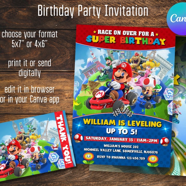 Mario invitation, Printable go kart birthday invite, editable invitation, boy birthday, racing party, video game invitation