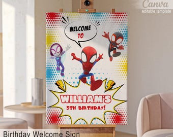 spidey friends Printable Welcome Sign template, Birthday superhero Party Welcome in Poster, spiderman Boy super hero party decoration