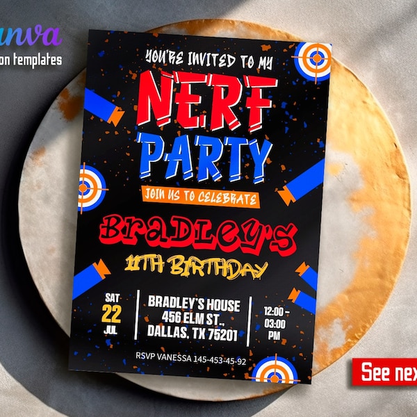 Boy birthday invitation, printable editable birthday invite, Dart gun party, dart wars birthday invitation, editable nerf invite template