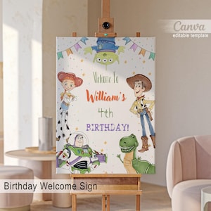 Plantilla de signo de bienvenida imprimible de Toy Story Woody, dos infinitos más allá de la fiesta de cumpleaños de bienvenida en el póster, decoración de cumpleaños de Toy Story Boy Girl