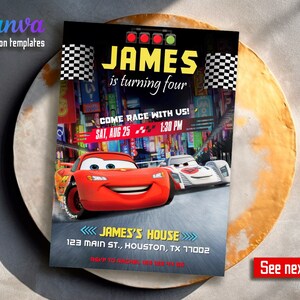 Uitnodiging voor verjaardagsfeestje, Racing verjaardagsuitnodiging sjabloon, afdrukbare auto&#39;s uitnodiging, Lightning Mcqueen uitnodigen