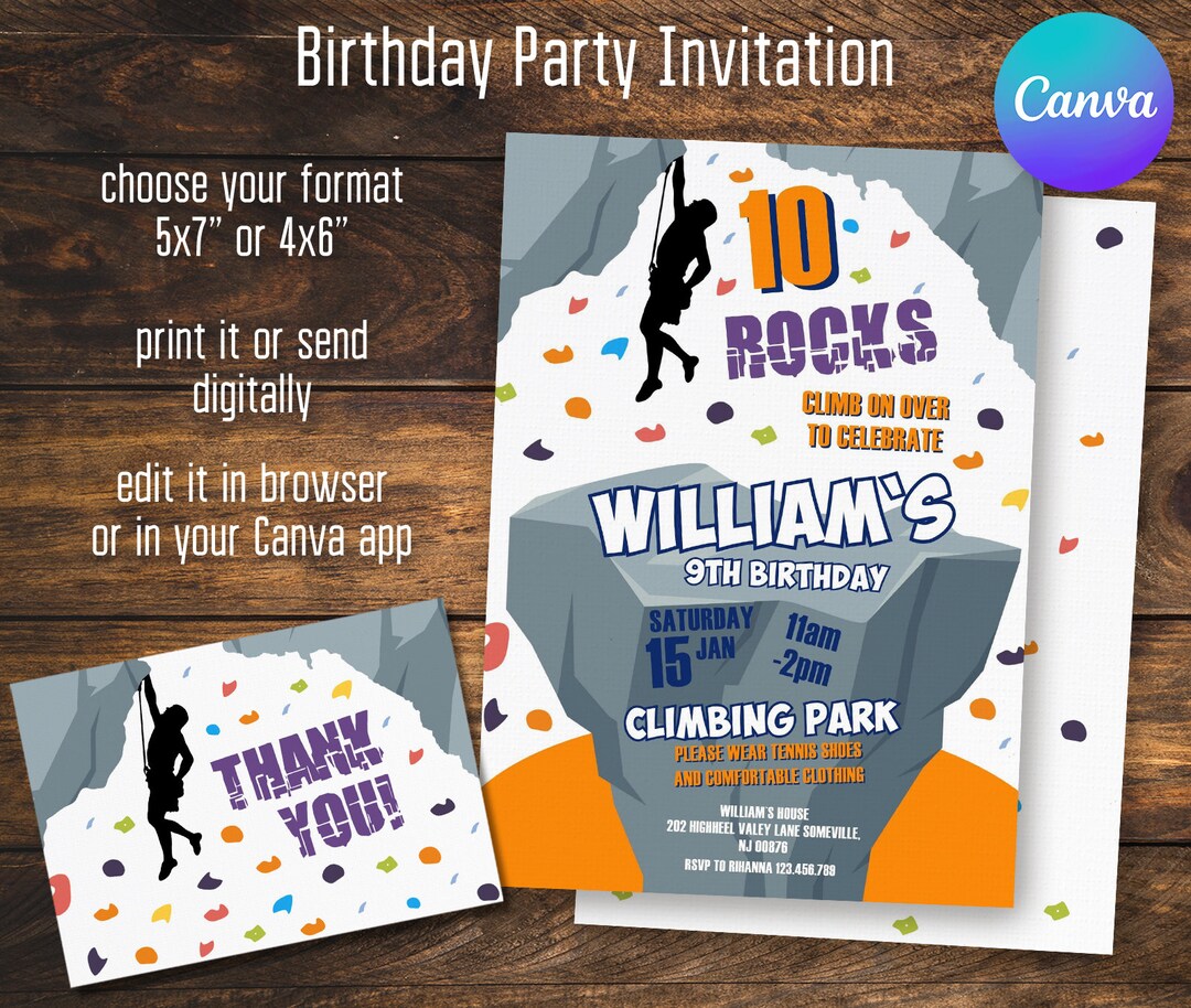 Rock Climbing Invitation, Climber Editable Birthday Invite, Climbing ...