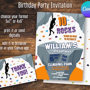 Invitación de escalada en roca, invitación de cumpleaños editable de escalador, invitación a muro de escalada, descarga instantánea, plantilla de invitación de cumpleaños de escalada en roca