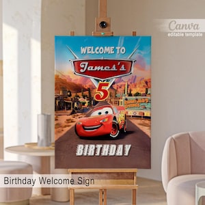 Printable Cars Welcome Sign template, Birthday Party Lightning Mcqueen Welcome in Poster, Boy Birthday, racing B-day decoration template