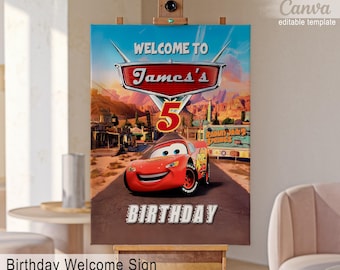 Printable Cars Welcome Sign template, Birthday Party Lightning Mcqueen Welcome in Poster, Boy Birthday, racing B-day decoration template
