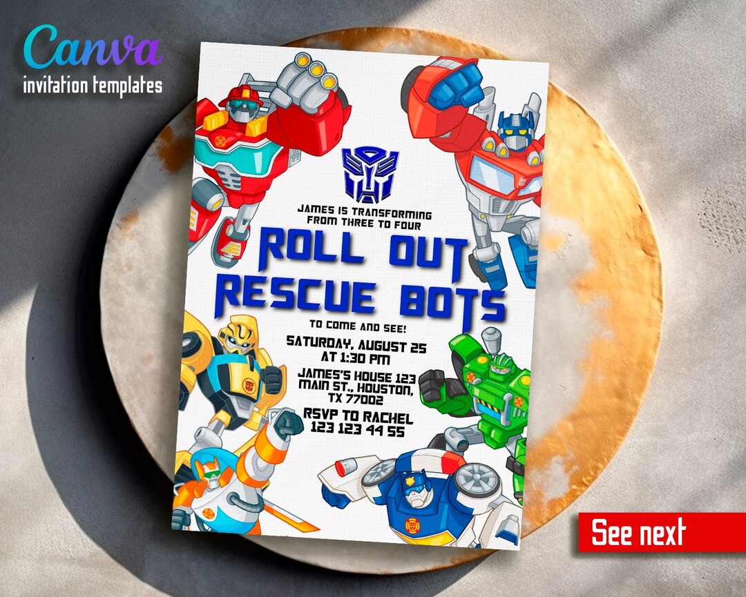 Rescue Bots Birthday Invite, Optimus Prime Invite, Autobots Party