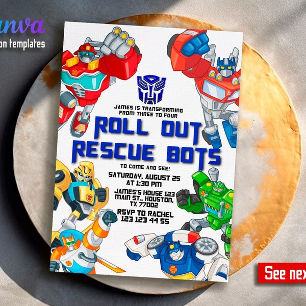 Rescue Bots Birthday Invite, Optimus Prime invite, Autobots party, Bumblebee printable invite, transformers party