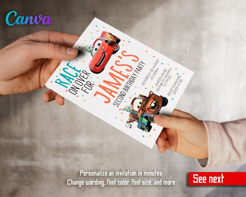 Puede incluir: Una invitaci&oacute;n imprimible para una fiesta de cumplea&ntilde;os de dos a&ntilde;os con tem&aacute;tica de Cars. La invitaci&oacute;n presenta un coche rojo con un gorro de fiesta y un cami&oacute;n azul con un gorro de fiesta. El texto de la invitaci&oacute;n dice "Race on over for James's Second Birthday Party".