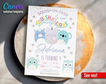 Squish Printable birthday invitation, girl birthday invite, squish invitation, squishmallow Editable invite, instant download, squishy party