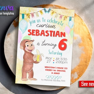 Curious George party, boy 1st birthday, editable template, Printable Curious George birthday invitation, monkey invite, ape invitation