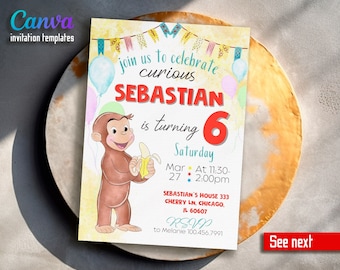 Curious George party, boy 1st birthday, editable template, Printable Curious George birthday invitation, monkey invite, ape invitation