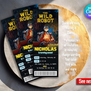 Wild Robot Roz Geburtstagseinladung, bearbeitbare druckbare Ticket-Einladung, Wild Robot Movie Party Einladungsvorlage, Kino-Junge-Mädchen-Geburtstag