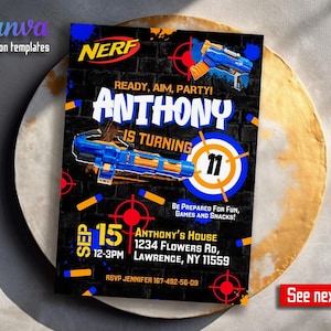 Printable editable birthday invite, Dart gun party, dart wars birthday invitation, editable nerf invite template, boy birthday invitation